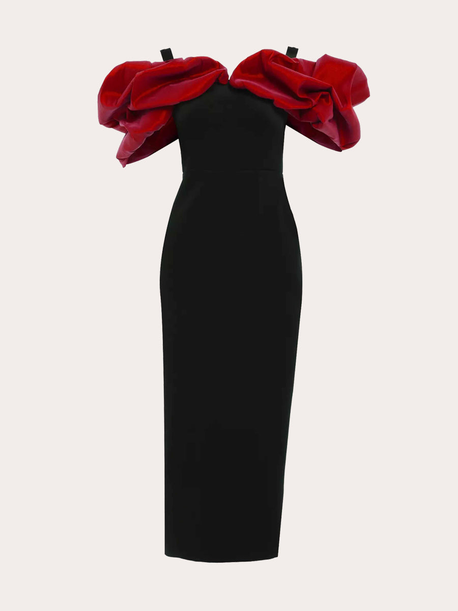 Crimson Reverie Drop Shoulder Midi Dress