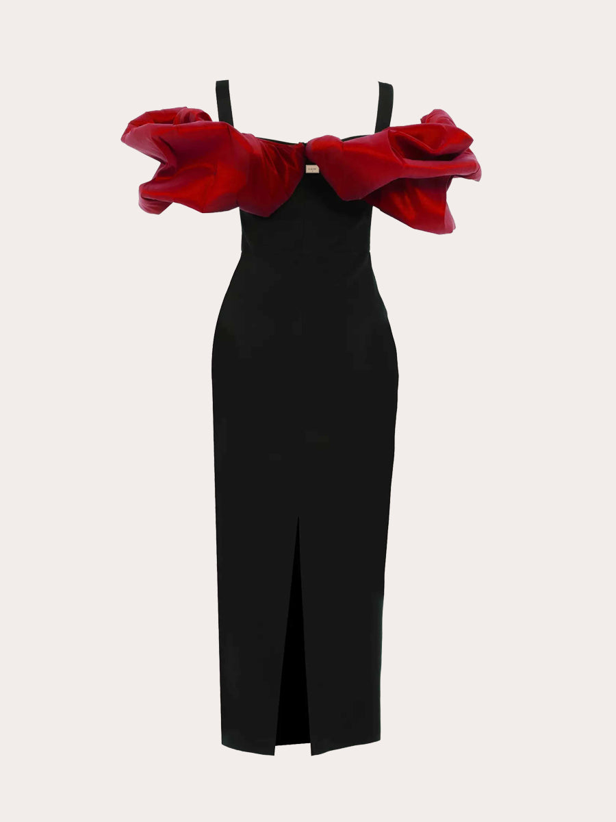 Crimson Reverie Drop Shoulder Midi Dress