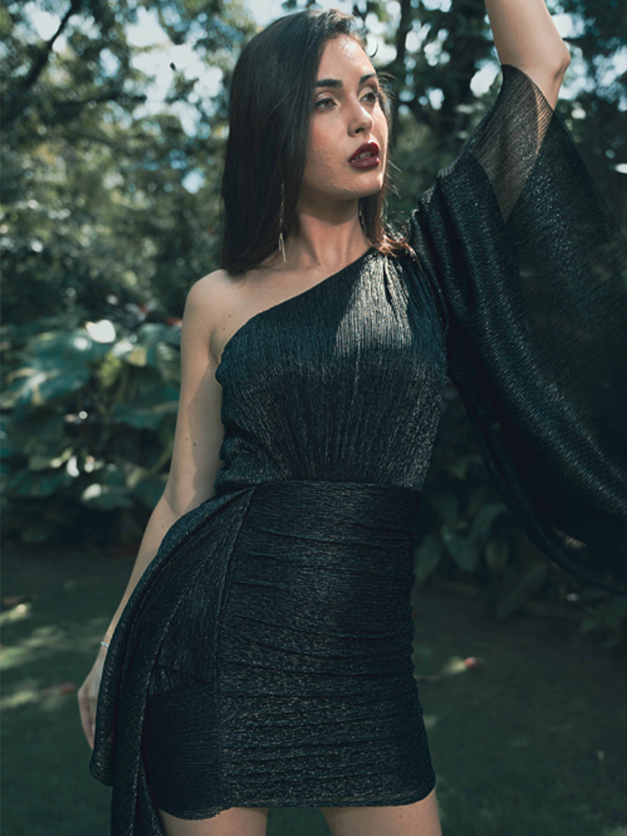 Celestia Noire One-Shoulder Drapée Dress