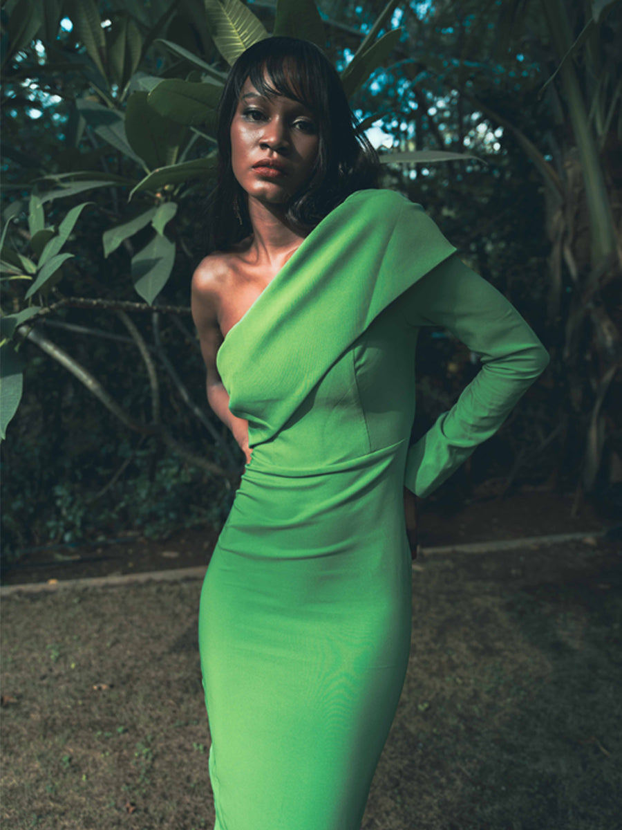 Celestial Cascade Sleeve Drapée Maxi Dress