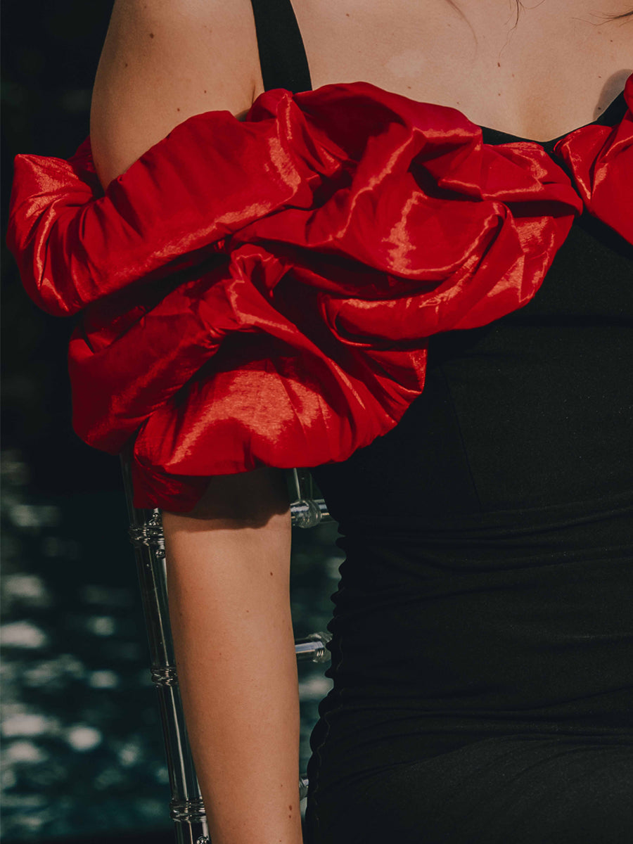 Crimson Reverie Drop Shoulder Midi Dress