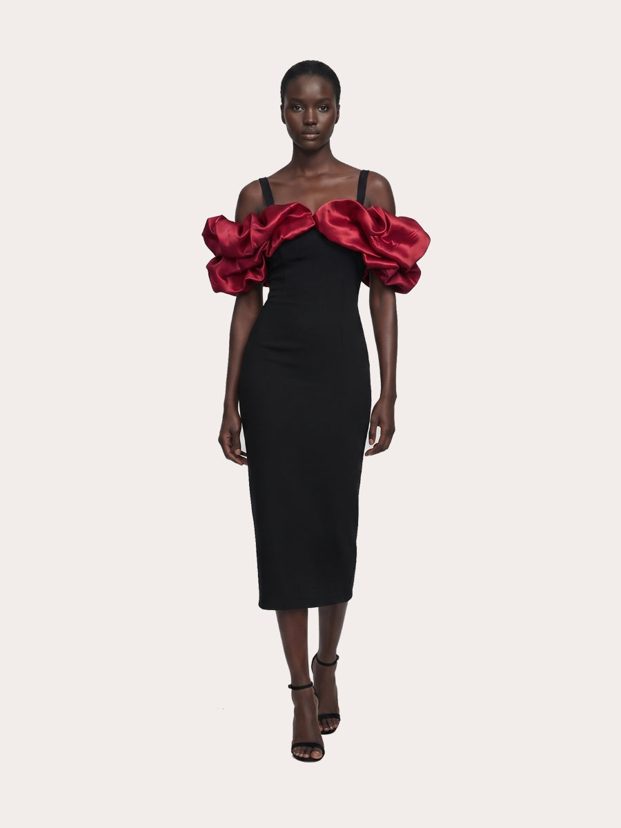 Crimson Reverie Drop Shoulder Midi Dress