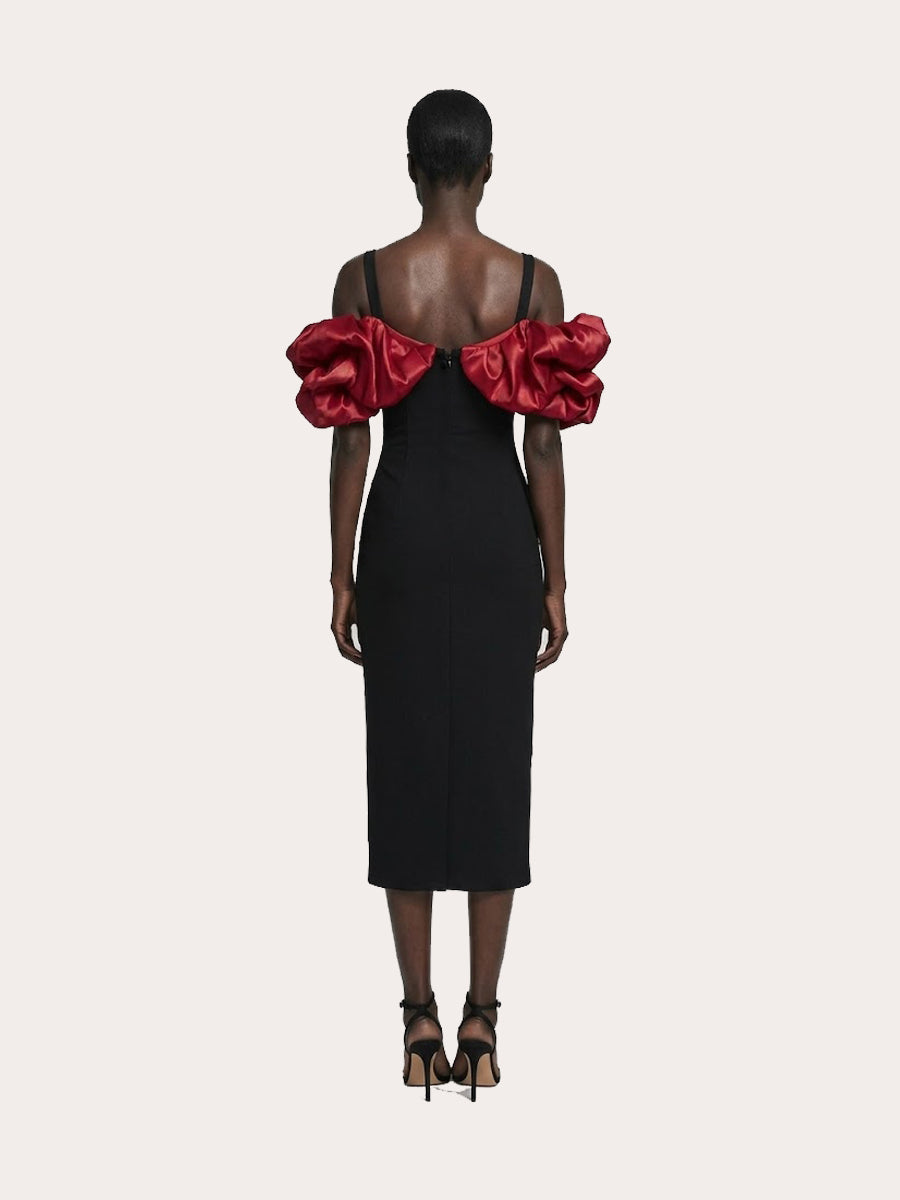 Crimson Reverie Drop Shoulder Midi Dress