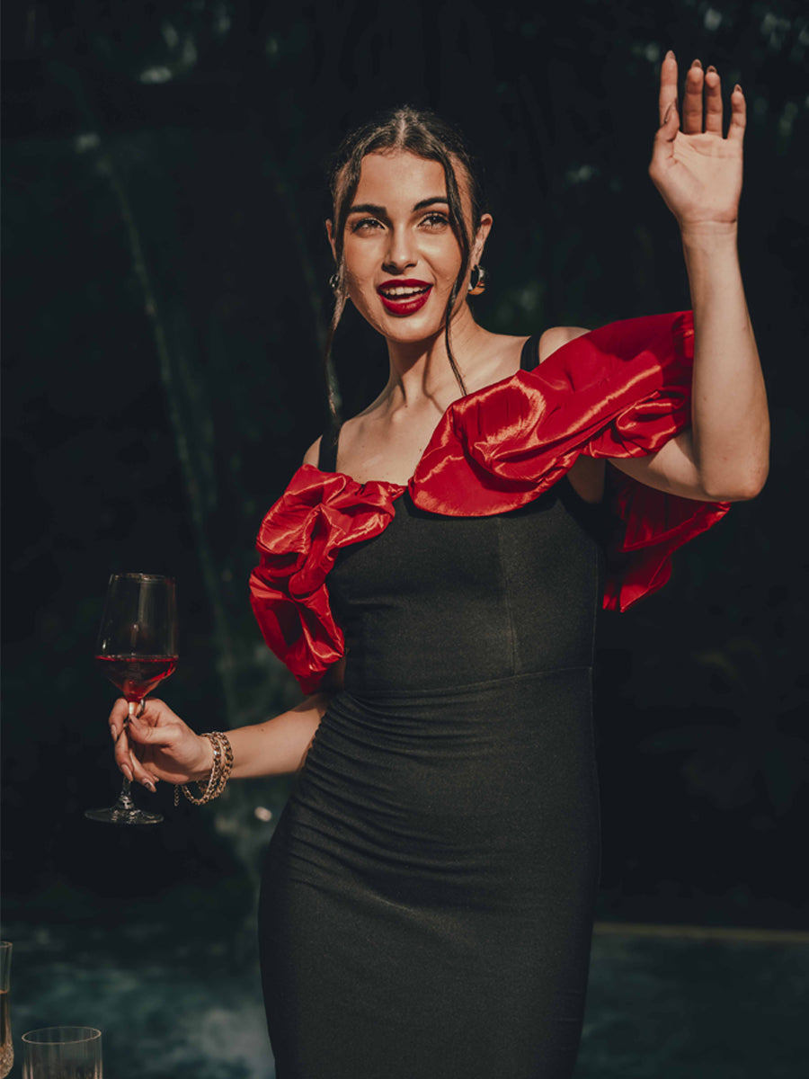 Crimson Reverie Drop Shoulder Midi Dress