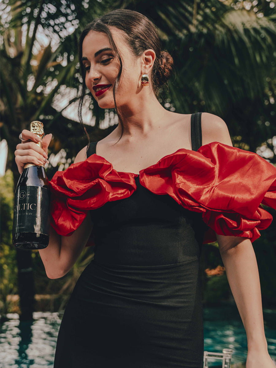 Crimson Reverie Drop Shoulder Midi Dress