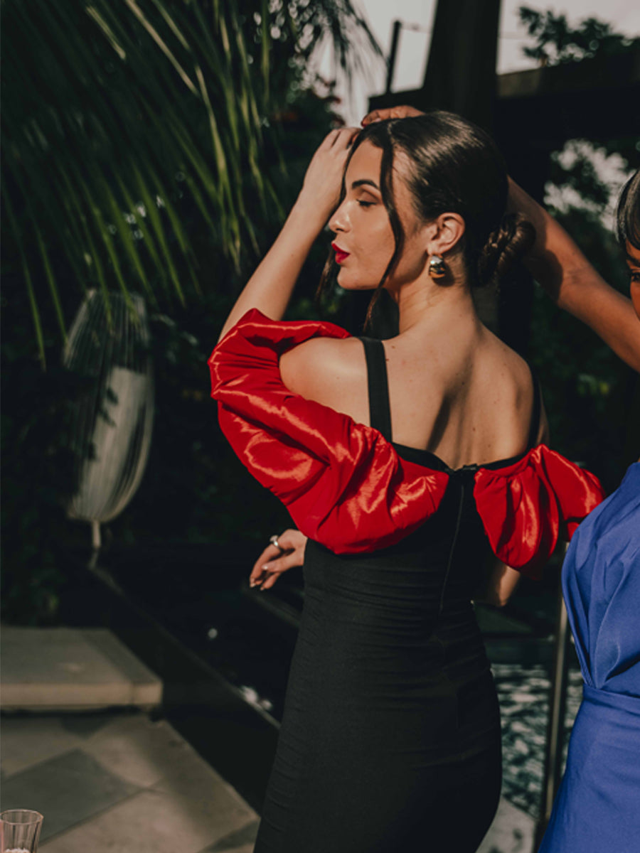 Crimson Reverie Drop Shoulder Midi Dress