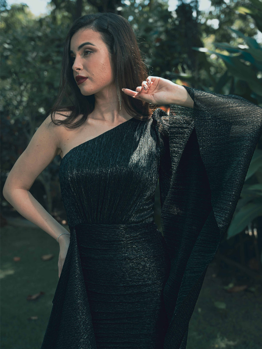 Celestia Noire One-Shoulder Drapée Dress