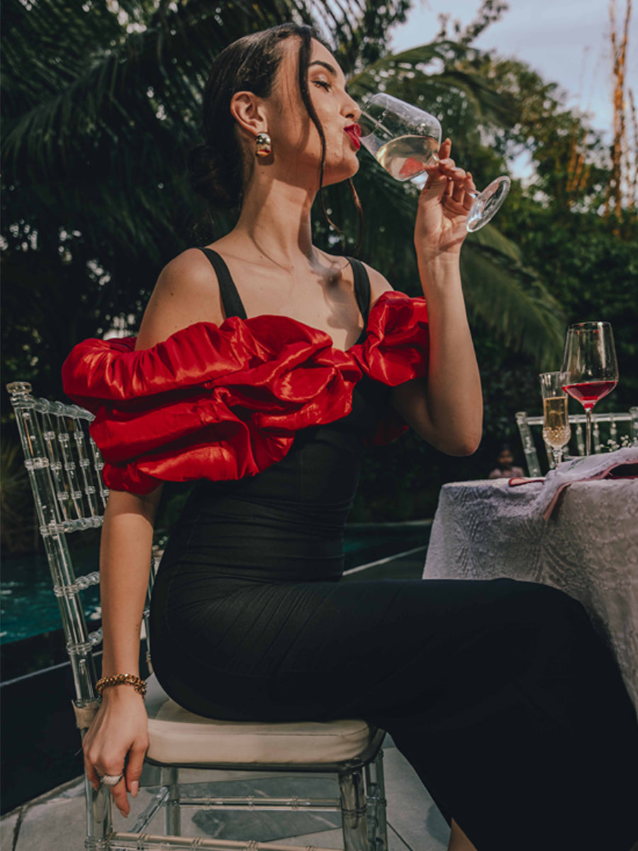 Crimson Reverie Drop Shoulder Midi Dress