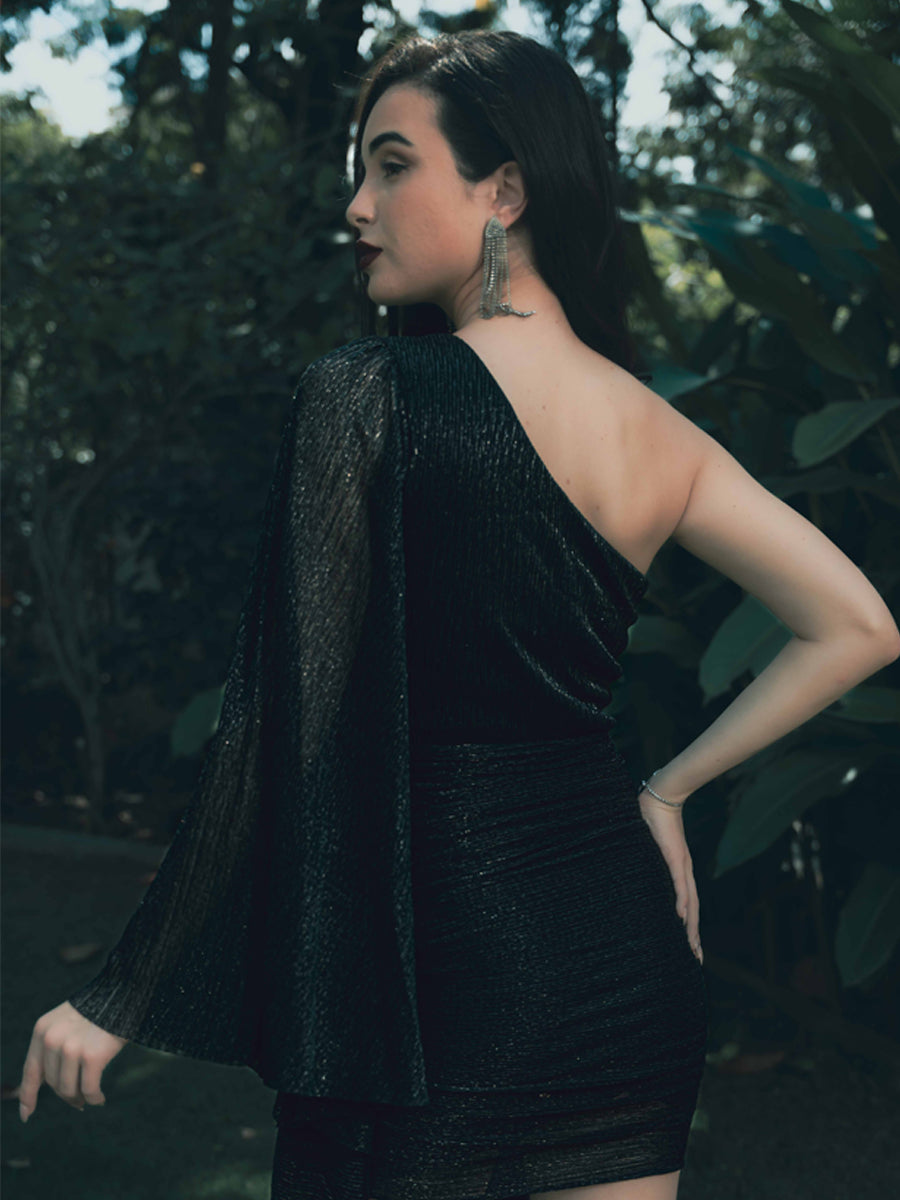Celestia Noire One-Shoulder Drapée Dress