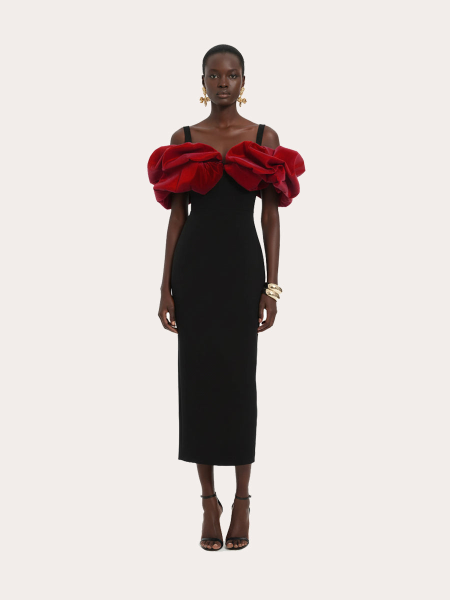 Crimson Reverie Drop Shoulder Midi Dress