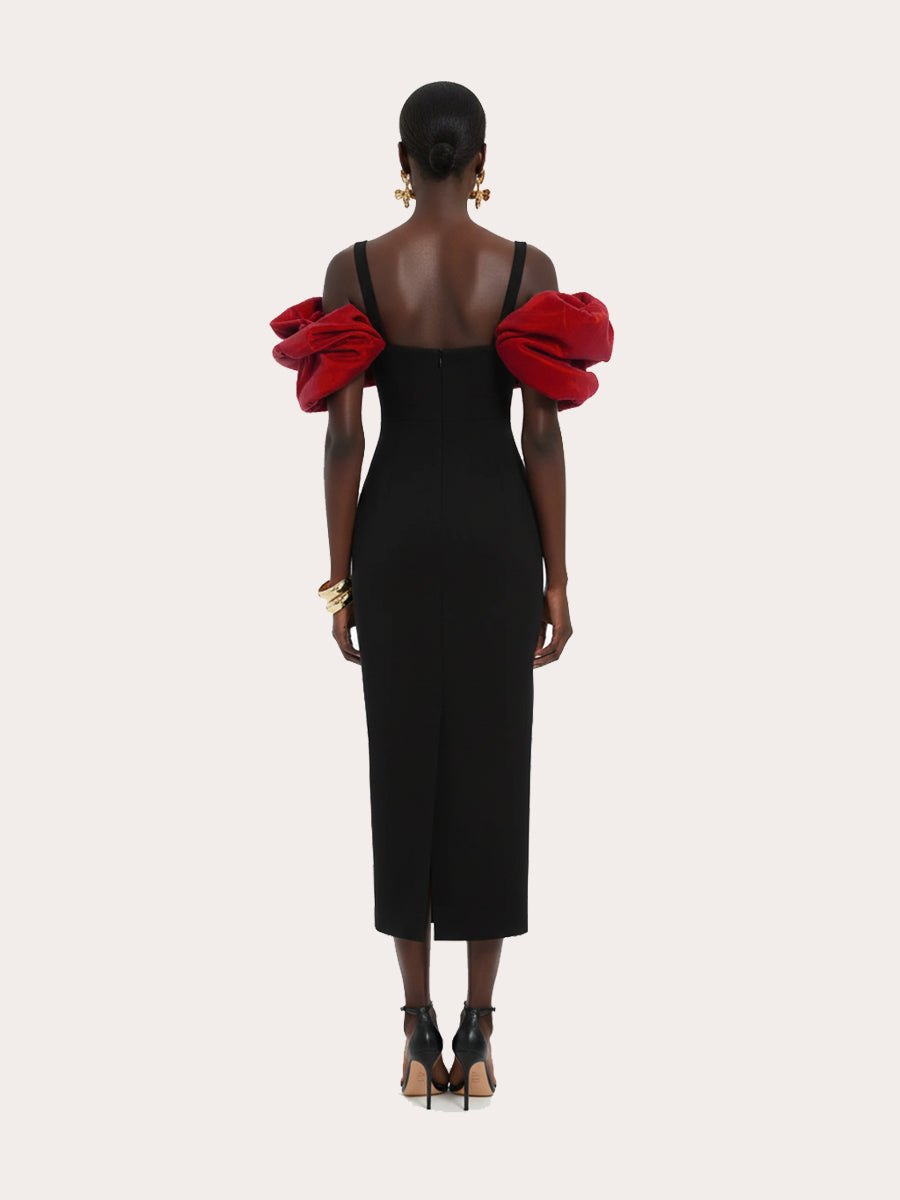 Crimson Reverie Drop Shoulder Midi Dress